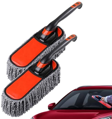 Panno per Polvere Interni Auto - Piumino Interno Auto In Microfibra | 2 Pezzi Lavabile Strumento per Spolverare Kit Detailing con Manico Antiscivolo per Cucina Parabrezza Computer