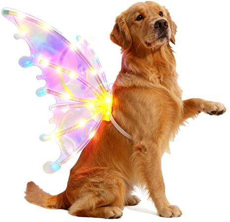 Light up Fairy Wings for Dogs, Leuchtende Feenflügel für Hunde, Bewegliche Schmetterlingsflügel mit LED-Licht & Musik, Weihnachten Elektrische Flügelkostüm für kleine, mittlere und große Hunde (Bunt)