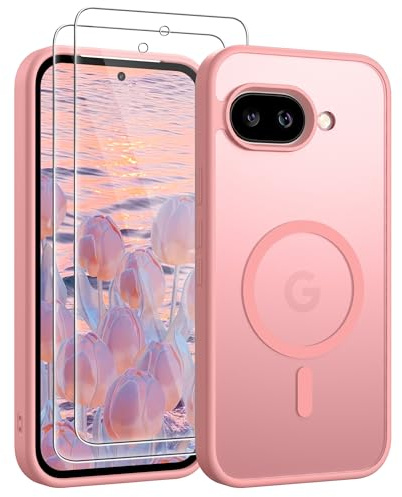 Jshru Magnetic for Pixel 9A Case,Compatible with Magsafe,with HD Screen Protectors X2, [Durable & Sturdy] Slim Translucent Protective Cover,Google Pixel 9A-Light Pink