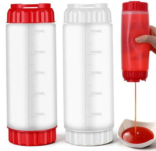 ADLABLD 2Pcs Squeeze Bottles Refillable 20 oz, Condiment Squeeze Bottles for Sauces, Multipurpose Squirt Bottle for Sauces Ketchup Sour Cream Self Sealing Syrup Dispenser for Restaurants