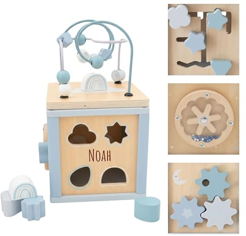 wunderwunsch x smallfoot personalisierter Motorikwürfel Holz - Montessori Würfel - Baby Motorikspielzeug ab 1 Jahr - Kinderspielzeug 18 Monate, motorische Spielzeug, mit deinem Namen (blau)