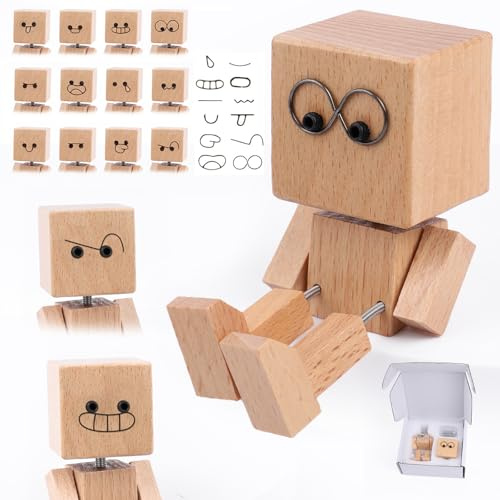 Katyjun Wackelfigur Auto mit Verstärkten Gelenken und 12 Magnetischen Ausdrücken, Schüttelmann für Armaturenbrett und Schreibtisch, Deko Figuren aus Massivholz