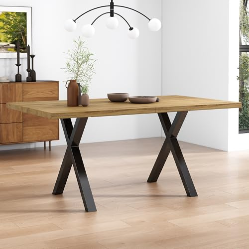 ModernLuxe Dining Table with Crossed Legs, Rectangular Kitchen Table with Wrought Iron Base, Modern Simple Style for Dining Room or Living Room, Oak and Black, 140 x 80 x 76 cm