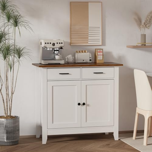 Msutree Sideboard mit Holzplatte, Kommode mit 2 Schubladen und 2 Türen, Küchenschrank Kaffeebar mit Verstellbarer Ablage, Anrichte für Esszimmer Wohnzimmer Flur, 91x40x82 cm, Weiß
