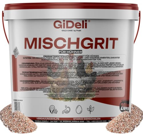 GiDeli Sabbia mista per polli, 20 kg, in secchio, calcio di semi di conchiglia e gusci di ostrica per gusci d'uovo forti, farina di pietra con pietra focaia per la digestione, mangime naturale per