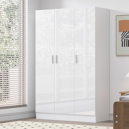 Reflect 3 Door Plain Wardrobe | White Gloss & Matt White | Bedroom Storage with Hanging Rail & 4 Shelves | H: 180cm x W: 113cm x D: 47cm | Modern Sleek Design