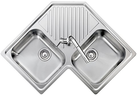 Fregadero de esquina de acero inoxidable satinado PLADOS Refresh 8320 con dos cubetas y escurridor