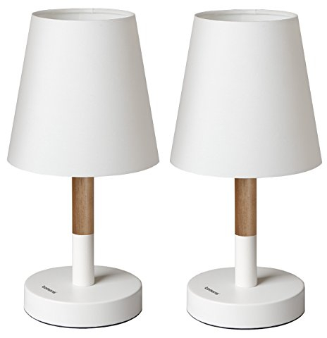tomons 2er Set LED Nachttischlampe aus Holz, LED Tischlampe Tischleuchte mit Stoffschirm für Schlafzimmer, Wohnzimmer, Arbeitszimmer, Beistelltisch – Weiß