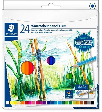 Staedtler 14610C C24 vattenlöslig färgpenna (klassiskt sexkantigt format, för akvarelleffekter på akvarellpapper, även för klassiska torkningstekniker) flerfärgade 24 kritor