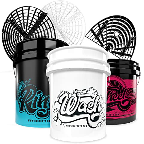 Nuke Guys 3 Bucket Car Wash Set - 5 GAL Wash + 5 GAL Rinse + 3.5 GAL Wheel Bucket + 2x Grit Guard + Washboard