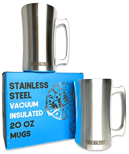 Real Deal Steel Stainless Steel Insulated Beer Mug 20 Oz Beer Stein with Welded Handle and Clear Plastic Lid - Large Metal Tankard for IPA, Coffee, Tea - Double Walled Mugs for Hot or Cold Drinks (2)