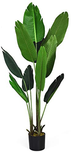 COSTWAY 160cm Kunstpflanze Tropische Palme, Künstliche Paradiesvogel Pflanze, Zimmerpflanze mit stabilem Topf & 10 Blättern, Pflanze Grün für Garten Büro Zimmer Dekoration
