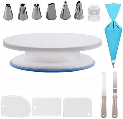 Cake Turntable - 11 Inch Cake Plate Rotating 15 PCS Rotating Cake Stand Professional Cupcake Decorating Kit with Stainless Steel Nozzles Piping Bags