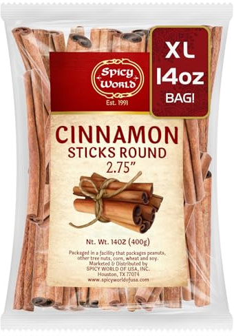 Spicy World Cinnamon Sticks 14 Oz Bag ~100 Sticks - Strong Aroma, Perfect for Baking, Cooking & Beverages - 3+ Inches Length - Cassia Saigon Cinnamon from Vietnam