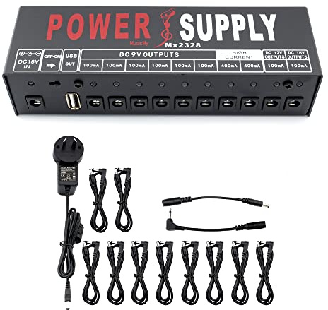 Musiclily Pro Gitarren Netzteil Power Supply 10 Way Isoliert DC Output mit USB-Port und EU Standard Adapter für 9V / 12V / 18V Effektpedal