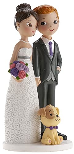 dekora - Figura Novios para tarta de Boda con perro, Adorno de Resina, Muñecos para tarta de boda y Aniversario, 16 cm de alto, Diseño Original y Detallado, Apto para Contacto Alimentario