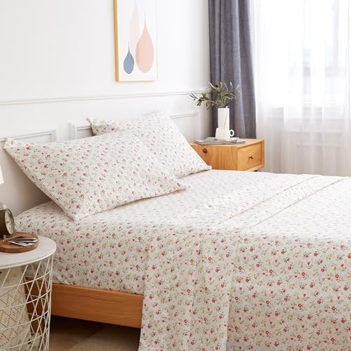Juego de sábanas tamaño Queen de 4 piezas con estampado de flores rojas, de microfibra cepillada refrescante, bolsillo profundo de 43 cm, juego de sábanas florales de lujo, suave, transpirable,
