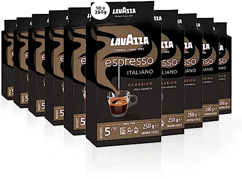 Lavazza, Espresso Italiano Classico, Café Molido Natural, 10x250 g, para Cafetera Italiana, de Filtro, Francesa, Notas Florales y Afrutadas, 100% Arábica, Intensidad 5, Tueste Medio, Amazon Exclusive