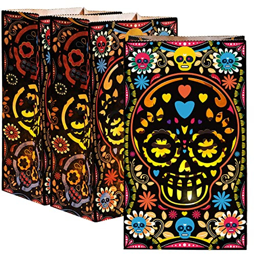 Outus 24 Pcs Day of Dead Paper Bags, Black Flame Resistant Sugar Skull