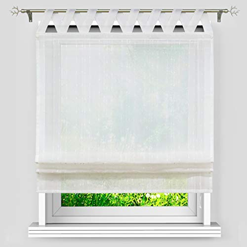 Heichkell Modern Raffrollo Raffgardine mit Leinen-Optik V-Schlaufen Transparente Gardine Gardinenschals Weiß HxB 140x120cm