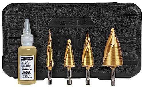 Klein Tools 25950 Juego de brocas escalonadas, espiral doble estriado, revestimiento de nitruro de titanio, vástago de impacto de 1/4 pulgadas, estuche resistente, 4 piezas