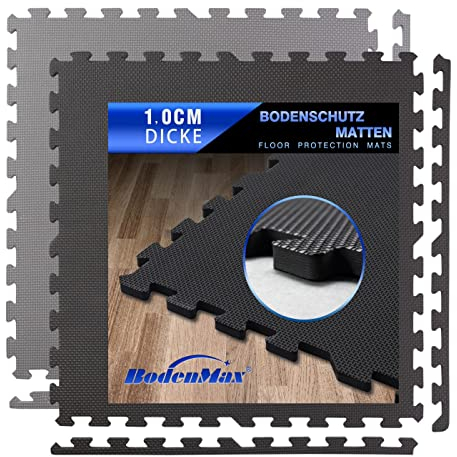 BodenMax Sportmatte Bodenbelag Fitnessraum Eva Gymnastikmatte rutschfest Pool Unterlegmatte Dicke Fußboden | 58x58x1 cm schwarz | 36 Stück