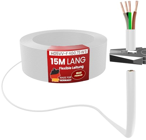 MAS Premium Von 5 bis 100m Kunststoffschlauchleitung H05VV-F 2, 3, 4 oder 5 x0,75; x1; x1,5 oder x2,5 Flexible Leitung Kabel Leitung Gerätekabel (H05VV-F 4G0,75 WS, 15m)