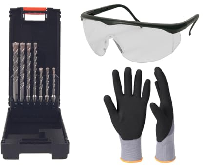 BATIFIX Heimwerker Bohr-Set | SDS-Plus Hammerbohrer 7tlg. | Schutzbrille verstellbar 99,9% UV-Schutz | Arbeitsschutzhandschuhe Größe M/L/XL (Größe 9-L)