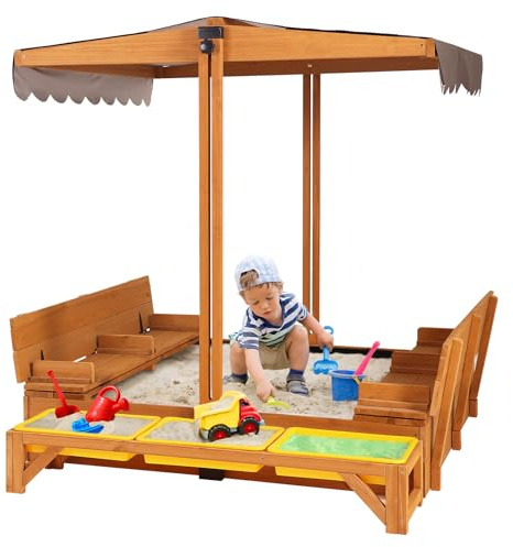 GUTINNEEN Wooden Sandbox Backyard Sand Box with Cover, Outdoor Sandbox for Kids with 3 Toy Bins