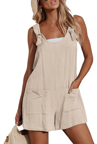 CUPSHE Women's Jumpsuit Pinafore Short Dungarees Scoop Neck Sleeveless Overall Casual Straight Leg Outfit Romper Playsuit with Pockets Apricot S