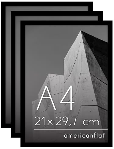 Americanflat Cornice A4 Nere - Set di 3 Cornici A4 per Foto con Bordo Sottile e Vetro Resistente agli Urti - Portafoto da Tavolo con Ganci e Cavalletto Integrati per Pareti e Ripiani