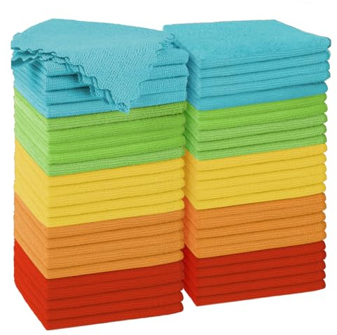 Puomue Microfiber Cleaning Cloth, 50 Pack Cleaning Rags with 5 Color Assorted, Absorbent and Lint Free Cleaning Cloth for Window, Household and Kitchen, 11.5X11.5, (Blue/Yellow/Green/Orange/Red)