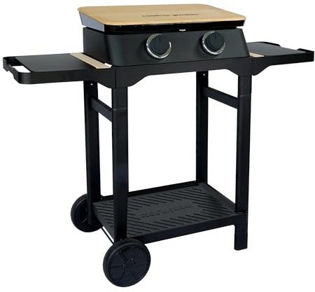 Cook’in Garden - Plancha Gaz sur Chariot Dune 60 SC, 2 Brûleurs Inox 4 kW, Plaque Fonte Émaillée, Bac Récupérateur de Graisse Amovible, Capot Inclus, Idéal 10 Personnes