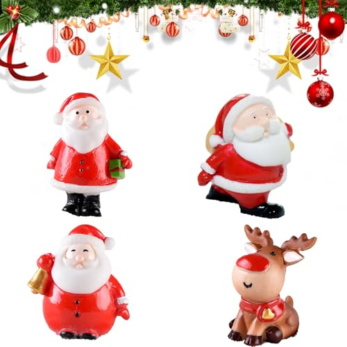 Weihnachten Miniatur Ornamente, Weihnachtsmann, Elchhirsch, Figuren Harz, Kleine Figuren, Weihnachtsfiguren, Garten Micro Landschaft Deko, 4PC