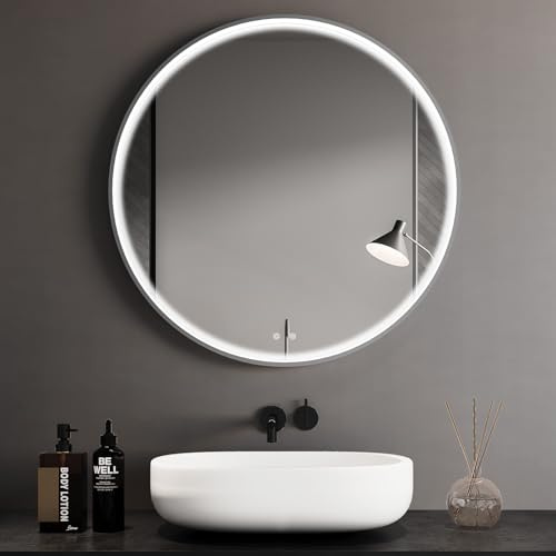 Clevich Badrumsspegel med belysning, rund med superljusa COB LED-ljusslingor, tjock aluminiumram, anti-dimma, 3 ljusfärger, dimbar, rund badrumsspegel med litch, stor väggspegel 60 cm