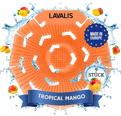 Lavalis Urinalsieb (9x) Spritzschutz für Männer-Pissoir, reduziert Spritzer & Geruch, starker Duft Tropical Mango, Luft-erfrischer, 30 Tage haltbar, passend für alle Urinale, rund Orange
