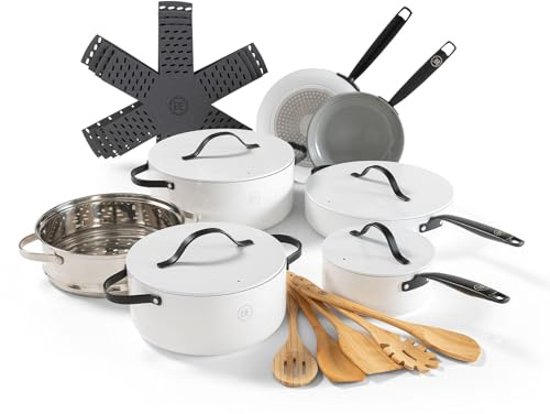 Be Living Essential Batteria da cucina 20 pezzi – Rivestimento antiaderente in ceramica – Senza PTFE né PFOA – Include padella, casseruola con manico lungo e pentola – Bianco