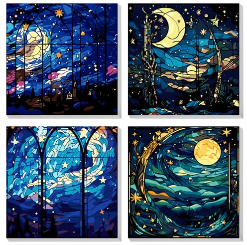 MOGTAA 4 Pack Malen Nach Zahlen Erwachsene mit Rahmen, Landschaft Malen nach Zahlen Kits für Erwachsen Anfänger, DIY Sterne Mond Ölgemälde Leinwand Set für Home Dekor (20x20cm)