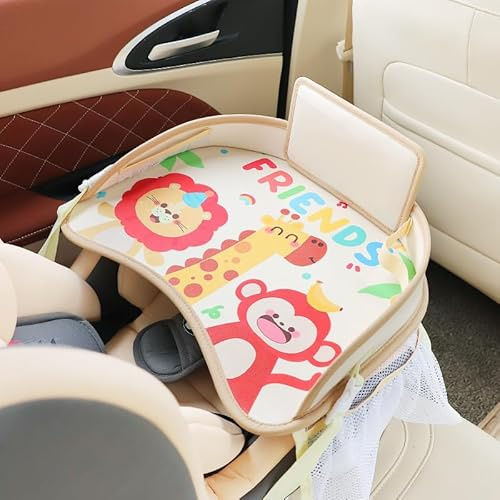 Erlsig Kinder-Reisetablett für Autositz, Aktivitäts- und Spieltablett, Organizer für Kinder und Kleinkinder, Schoßschreibtisch mit Tablet-Handyhalterung, wasserdicht und faltbar (Beige Löwe Affe)