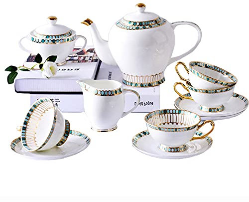 HAVVMK 15-teiliges Teeservice aus Porzellan, britische Kaffeetassen- und Untertassen-Sets mit Teekanne, Zuckerdose und Milchkännchen, Geschenk für Erwachsene und Frauen, Teetassen