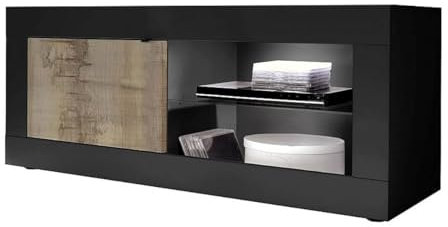 AltoBuy OTELLO - Meuble TV 1 Portes 2 Niches Noir Mat et Aspect Bois Antik avec LEDs