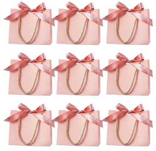 Nwvuop 10 Stück kleine Rosa Geschenktüten mit Schleifen und Henkel, 14× 6× 12 cm Rosa Partytüten kleine Geschenktasche Mini-Party-Gunsttüten für verschiedene Anlässe