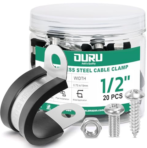 OURU 20PCS 1/2 Inch Cable Clamps with 45PCS Screws Assortment Kit 304 Stainless Steel Rubber Cushioned Insulated Cable Clamp, Automotive Wire Pipe Clamps(13mm)