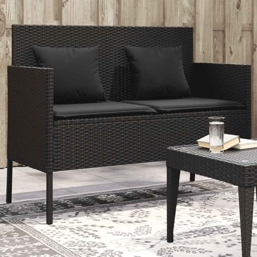Myheimly Gartenbank mit Kissen, Sitzbank mit Staufach unter Sitzfläche, Parkbank mit abnehmbaren Bezügen, Außenbank Outdoor Bank, Poly Rattan,Schwarz