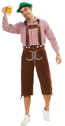 Feynman Costume Uomo per Oktoberfest - Pantaloni Tradizionali Bavaresi Ricamati (Nero/Marrone) + Camicia Tradizionale (Rosso/Verde/Nero) - Completo Tedesco con Effetto Pelle per Festa della Birra