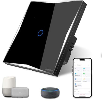 Naigebrol Smart Life WiFi Smart 86 * 86 UK Standard Touch Light Switch with Neutral Wire Support Voice Controlled Wall Switch Compatible with Alexa Google Home 1 Gang Black