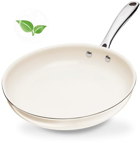 SAKAMOSH 24CM Ceramic Nonstick Frying Pan, Skillet, Cooking Pan Non Toxic with Stay Cool Handle for Induction, PTFE & PFAS & PFOA Free, Dishwasher/Oven Safe, White