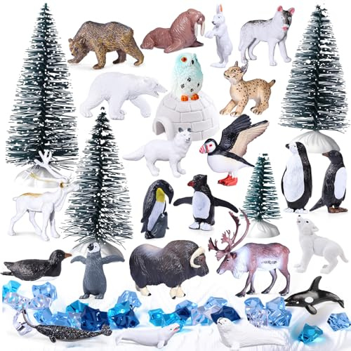 SIENON 60Pcs Arctic Animal Toy Set, Mini Winter Animal Figures with Polar Bear, Penguin, Caribou, Puffin, Lynx, Igloo, Pine Trees, Fake Ice Rocks for School Project Christmas Birthday Cake Decorations