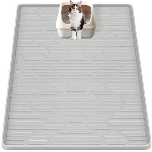 Bartuke Silikon Katzenklo Katzenstreu Matte Groß,Wasserdicht,91x61cm,Grau | Katzenklo Unterlage Silikon xxl, rutschfest Silikon Matte mit Rand für Katzentoilette, Streumatte Katzenklo, abwischbar