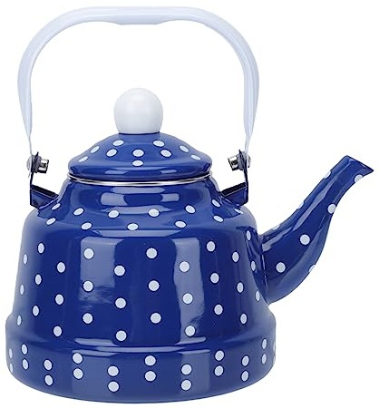 OKUMEYR Wasserkocher Emaille Teekessel 1,7 Liter mit Stahlgriff und Weißen Tupfen für Küche Zuhause Restaurant Gasherd Induktionsherd Blau Vintage